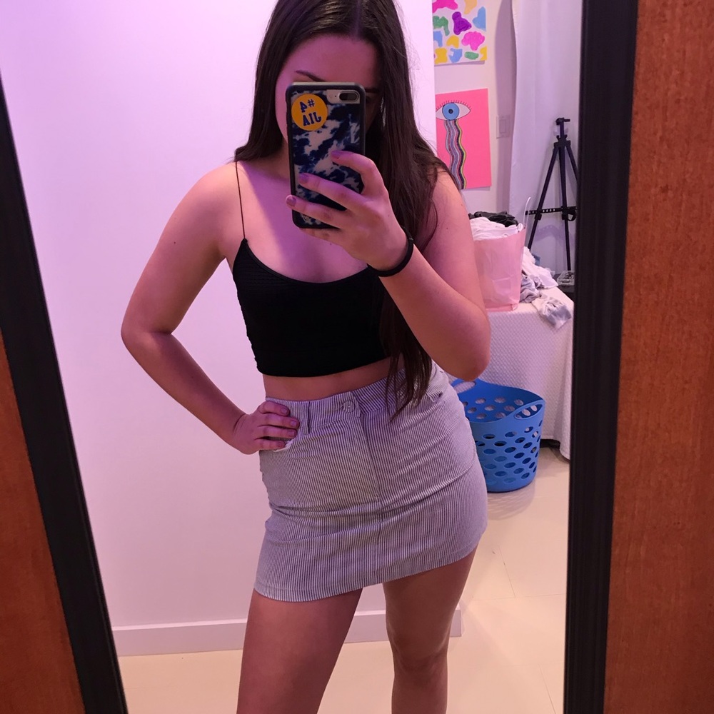 blue and white striped mini skirt